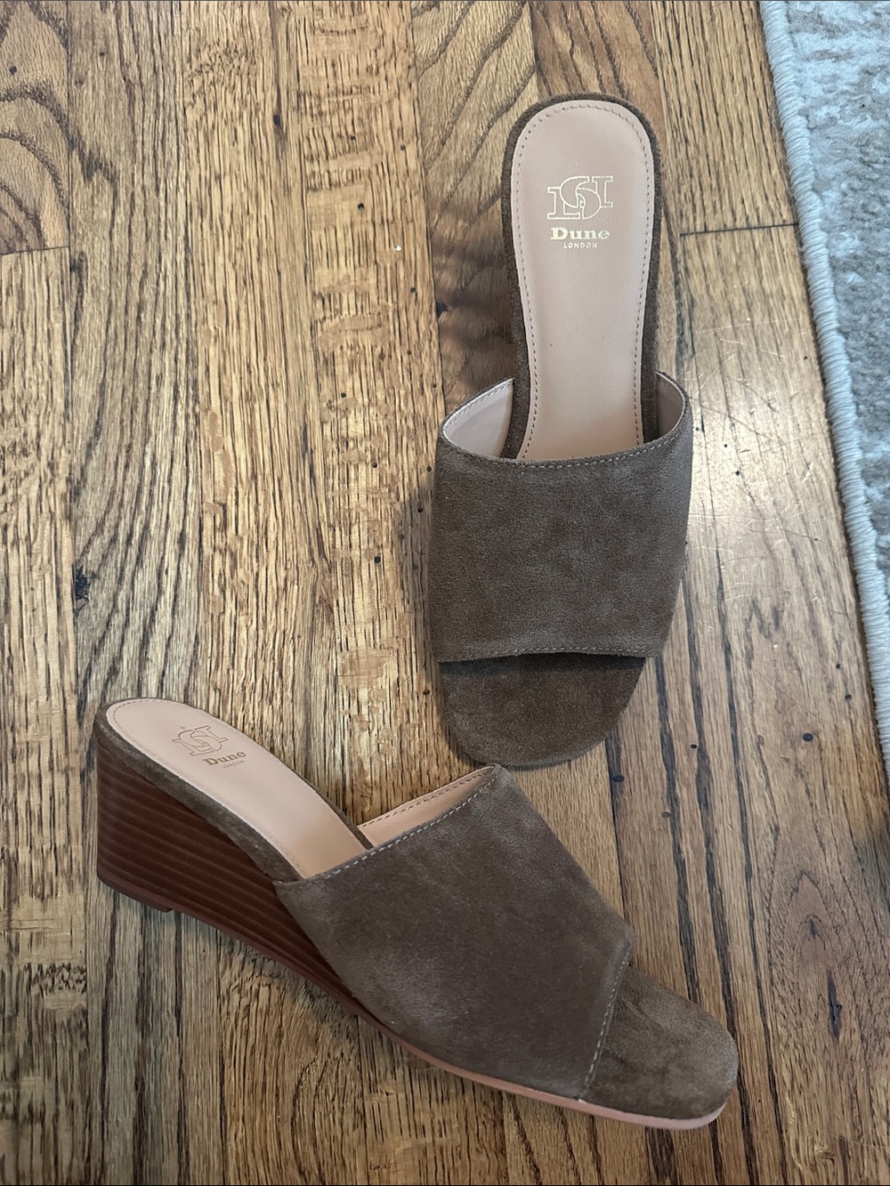 Dune London Taupe Suede Open-Toe Wedge Slide